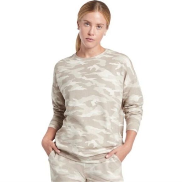 Athleta Oatmeal Heather Camo Lux Printed Pullover Sweatshirt 1X - Picture 1 of 5